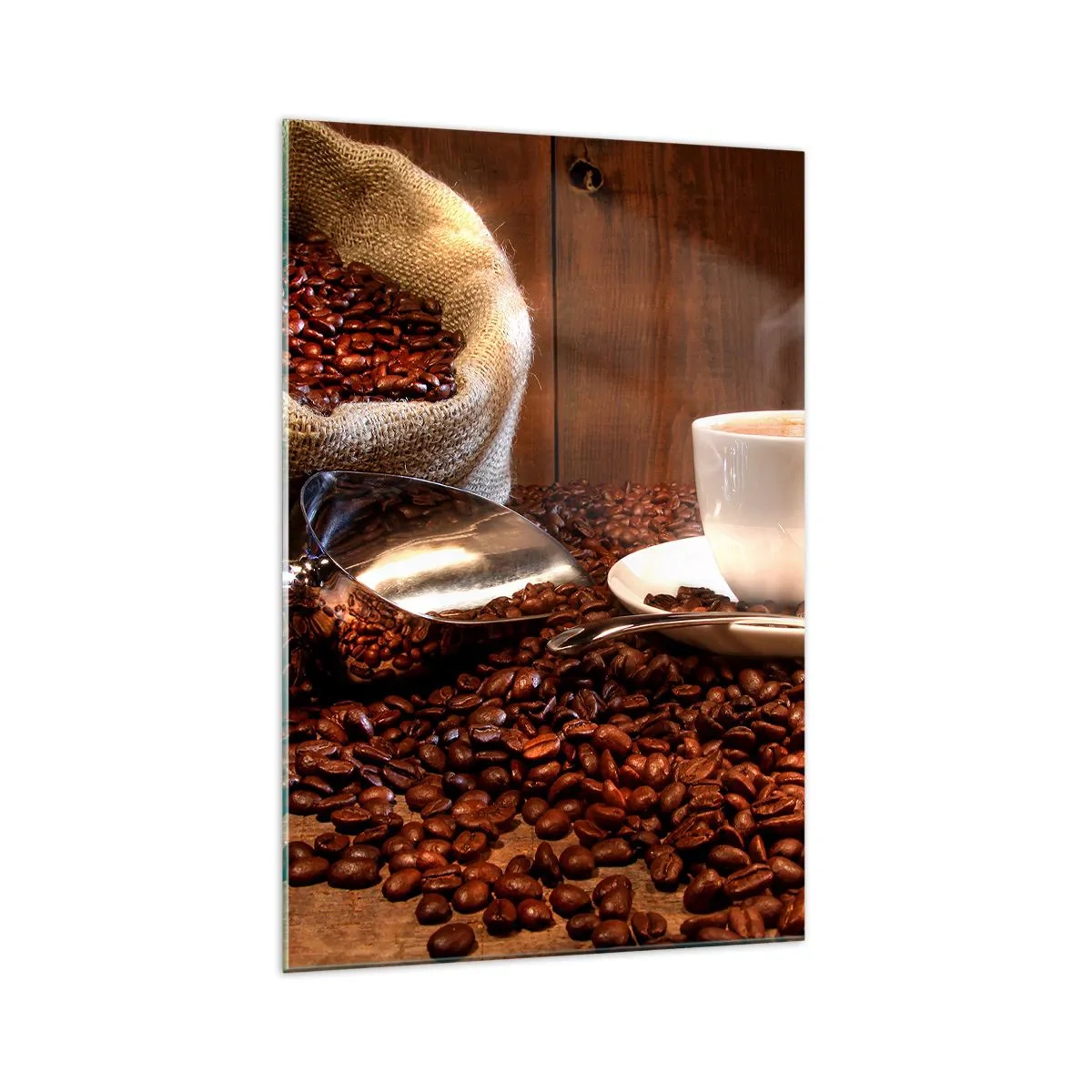 Obraz na szkle - Filiżanka kawy na tle ziaren kawowych i worka zbożowego - 70x100cm - Czujesz ten zapach? - Nowoczesna dekoracja ścienna do salonu i sypialni ARTTOR