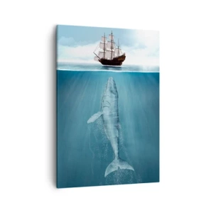 Obraz na płótnie - Statek żaglowy na powierzchni oceanu, pod nim zanurzony wieloryb - 50x70cm - Lepiej nie wiedzieć - Nowoczesna dekoracja ścienna do salonu, kuchni i sypialni ARTTOR