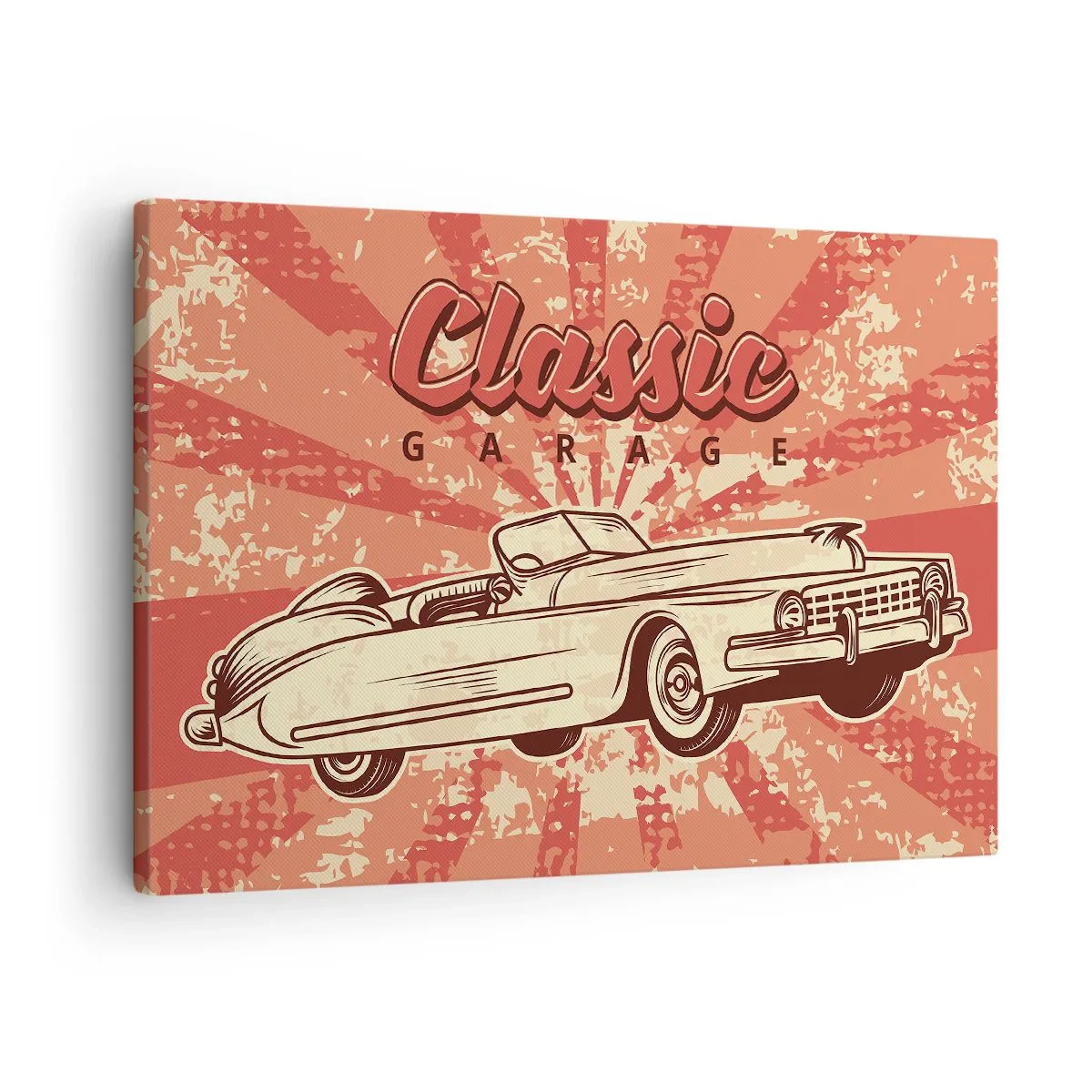 Obraz na płótnie - Retro plakat z klasycznym samochodem i napisem Classic Garage - 70x50cm - A w radiu Elvis - Nowoczesna dekoracja ścienna do salonu i sypialni ARTTOR