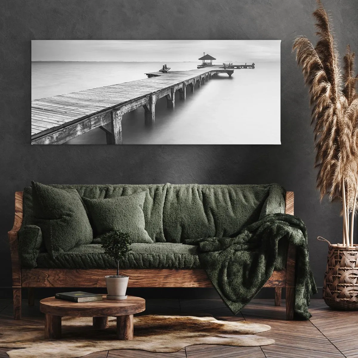 Obraz na płótnie - Czarno-biały widok na drewniane molo nad spokojną wodą - 160x50cm - W siną dal - Nowoczesna dekoracja ścienna do salonu i sypialni ARTTOR