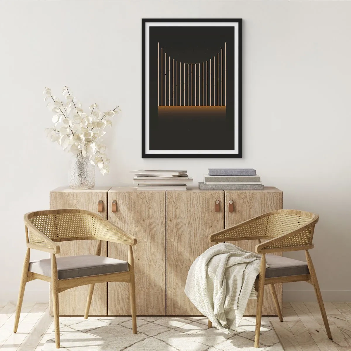 Plakat w czarnej ramie - Geometryczna kompozycja z pionowych linii w mroku - 50x70cm - Zbadać ciemność - Nowoczesna dekoracja ścienna do salonu i sypialni ARTTOR