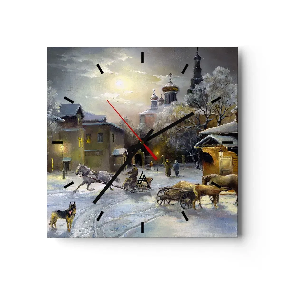 Zegar ścienny - Zimowy krajobraz w rosyjskim miasteczku z saniami i kościołem - 30x30cm - Magia rosyjskiej zimy - Nowoczesna dekoracja ścienna do salonu i sypialni ARTTOR