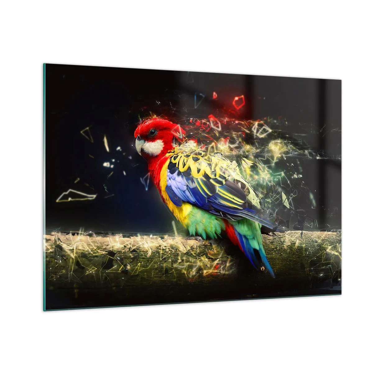 Obraz na szkle - Kolorowy papuga w artystycznej kompozycji z efektem rozbicia - 100x70cm - Posłaniec blasku - Nowoczesna dekoracja ścienna do salonu, kuchni i sypialni ARTTOR