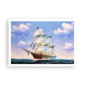 Plakat - Żaglowiec na otwartym morzu pod błękitnym niebem - 100x70cm - Dumnie z wiatrem - Nowoczesna dekoracja ścienna do salonu i sypialni ARTTOR