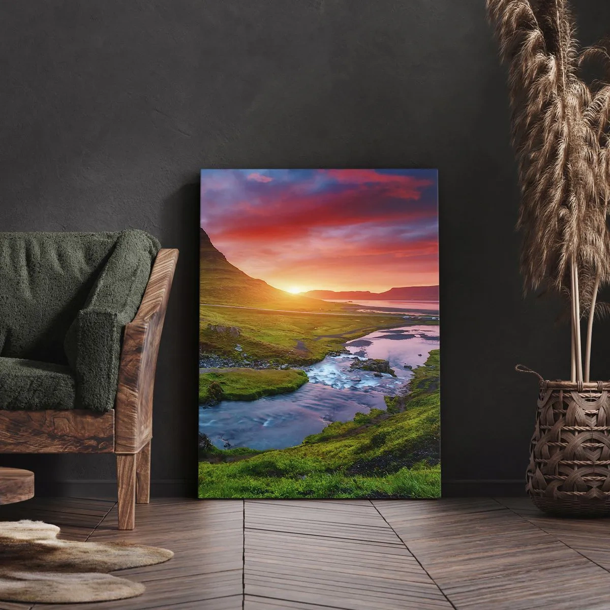 Obraz na płótnie - Malowniczy krajobraz rzeki o zachodzie słońca - 50x70cm - Islandia - ogień i woda - Nowoczesna dekoracja ścienna do salonu, kuchni i sypialni ARTTOR