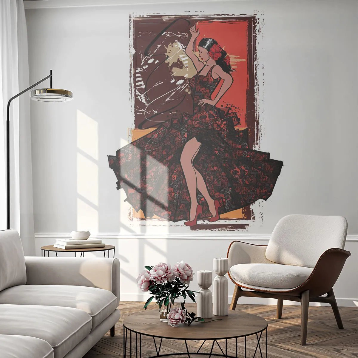 Fototapeta Premium Sand - Tancerka flamenco w ozdobnej sukni na artystycznym tle - 100x70cm - W rytmie serca - Nowoczesna dekoracja ścienna do salonu, kuchni i sypialni ARTTOR
