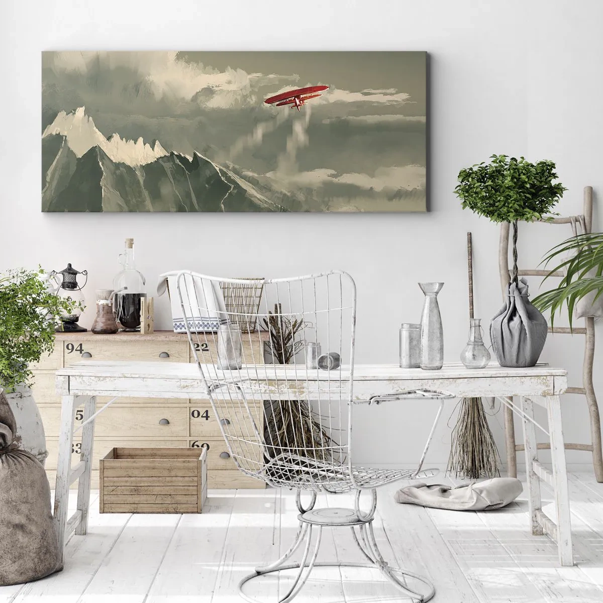 Obraz na płótnie - Czerwony samolot nad ośnieżonymi górami - 160x50cm - Nieustraszony pionier - Nowoczesna dekoracja ścienna do salonu i sypialni ARTTOR
