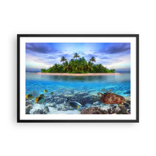 Plakat w czarnej ramie - Tropikalna wyspa otoczona turkusowym oceanem z rafą koralową i rybami - 70x50cm - Niebiańska wyspa zaprasza - Nowoczesna dekoracja ścienna do salonu i sypialni ARTTOR