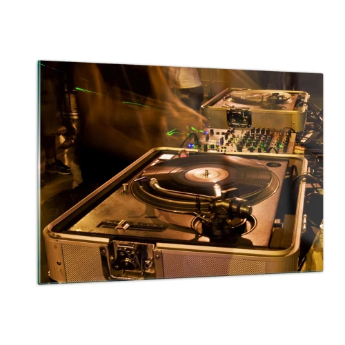 Obraz na szkle - Gramofon na tle imprezy z dynamicznymi efektami świetlnymi - 120x80cm - Czujesz tę moc? - Nowoczesna dekoracja ścienna do salonu, kuchni i sypialni ARTTOR