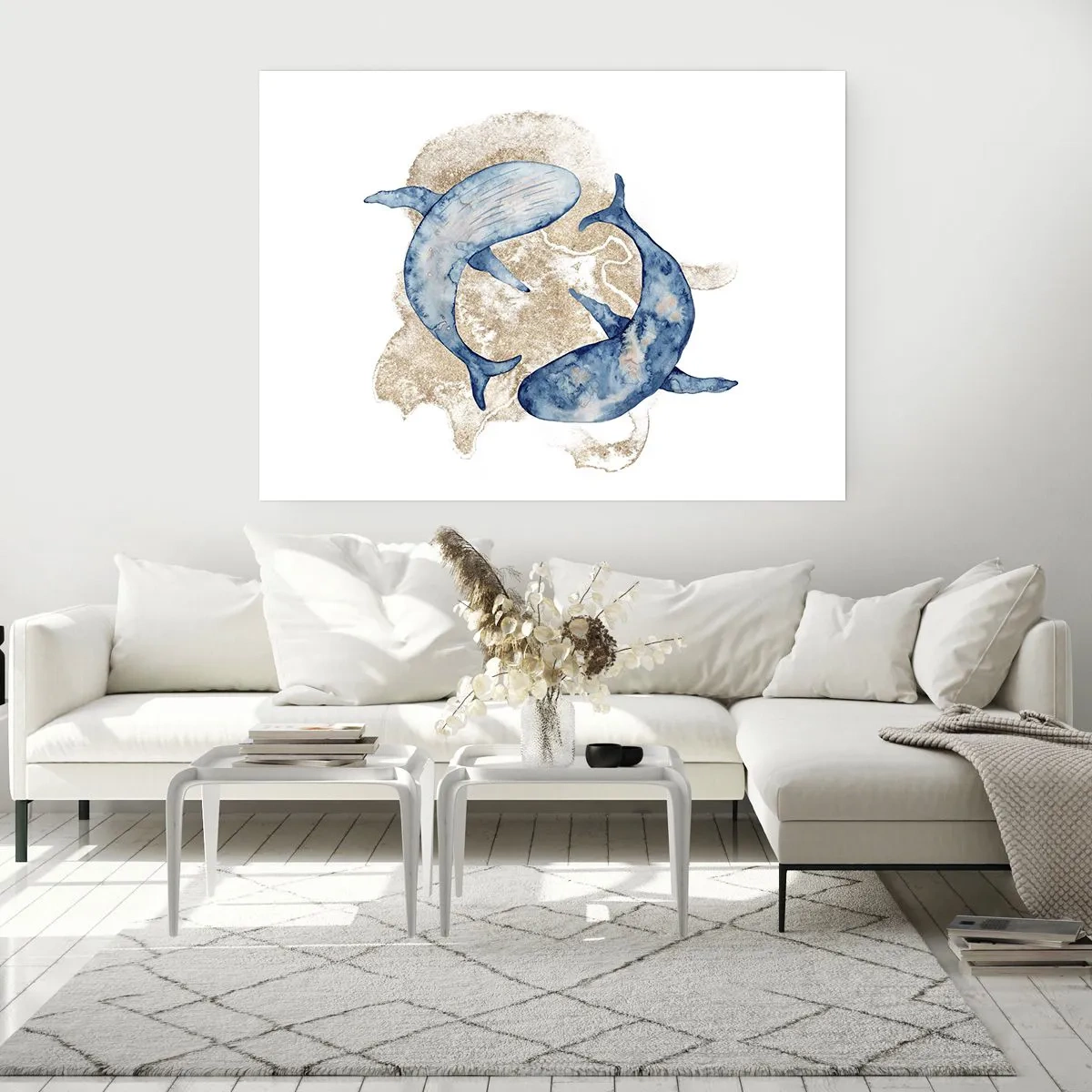 Plakat - Abstrakcyjne niebieskie wieloryby na jasnym tle - 100x70cm - Przyjaźń czy kochanie? - Nowoczesna dekoracja ścienna do salonu i sypialni ARTTOR