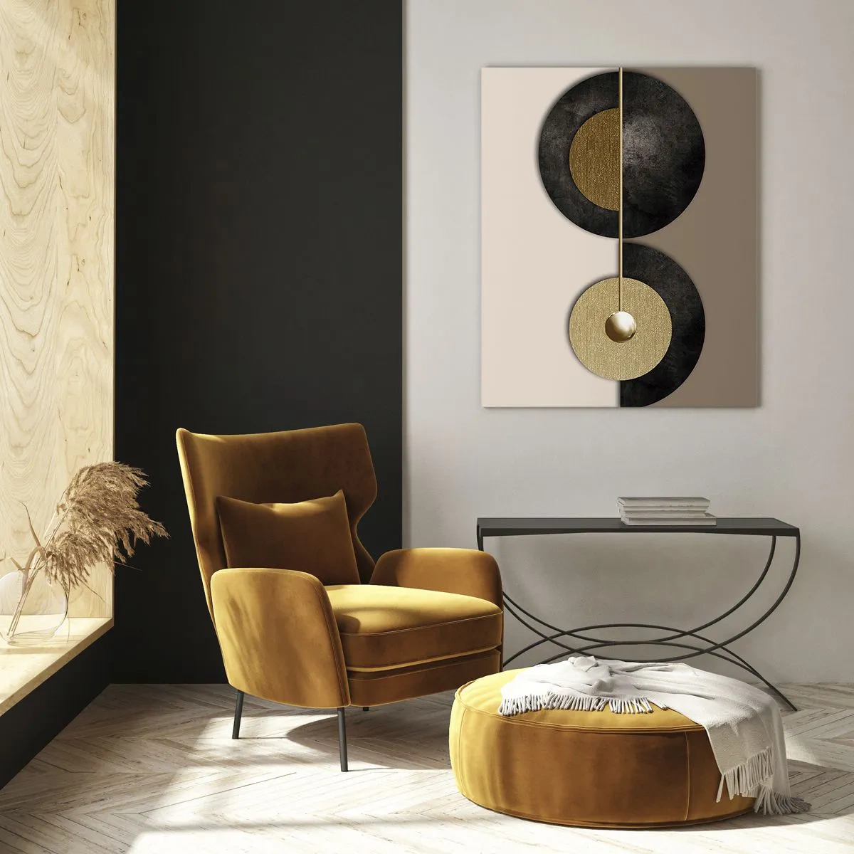 Obraz na szkle - Abstrakcyjne koła w odcieniach złota i brązu - 80x120cm - Wariacje wokół koła - Nowoczesna dekoracja ścienna do salonu i sypialni ARTTOR