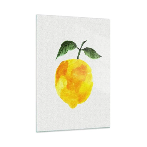 Obraz na szkle - Cytryna w stylu akwarelowym z zielonymi liśćmi - 50x70cm - Jak poznać smak słońca - Nowoczesna dekoracja ścienna do salonu, kuchni i sypialni ARTTOR