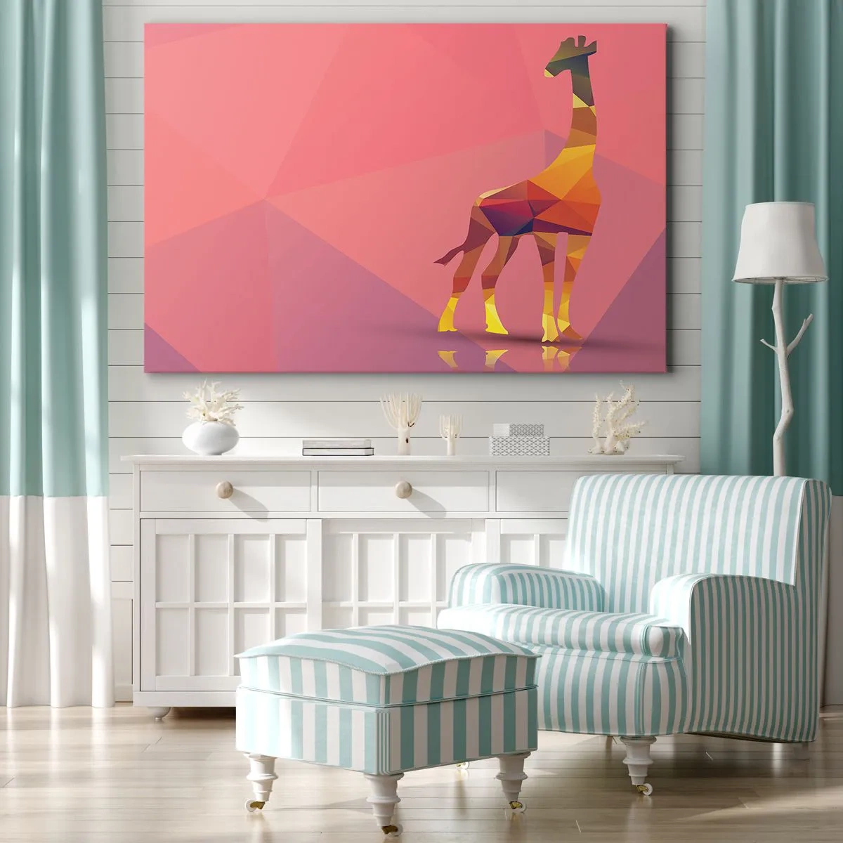 Obraz na płótnie - Geometryczna sylwetka żyrafy w pastelowych odcieniach różu i żółci - 70x50cm - W barwach sawanny - Nowoczesna dekoracja ścienna do salonu i sypialni ARTTOR