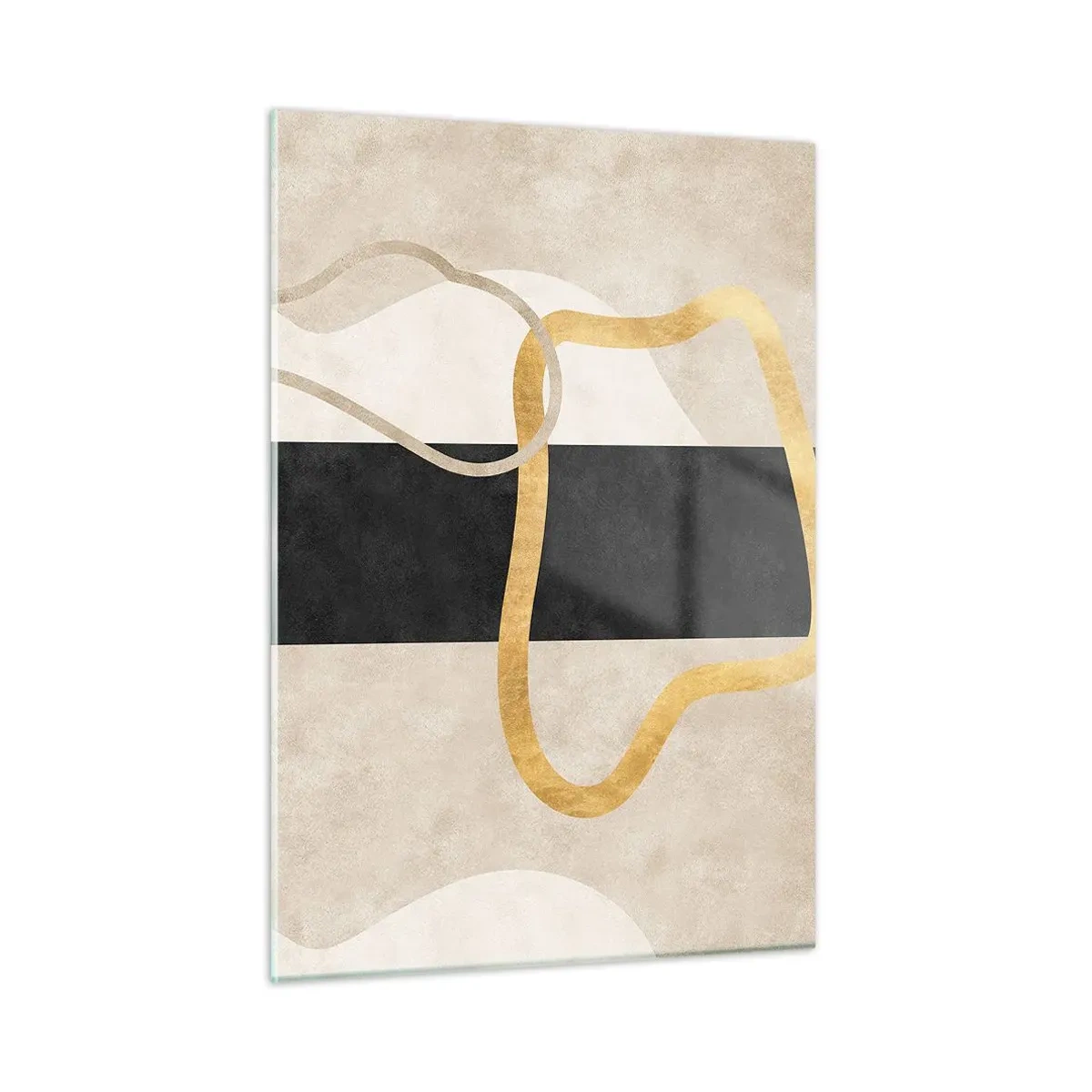 Obraz na szkle - Złote i beżowe linie tworzące zapętlone formy na tle czarnego paska - 50x70cm - Kształty zapętlone - Nowoczesna dekoracja ścienna do salonu, kuchni i sypialni ARTTOR