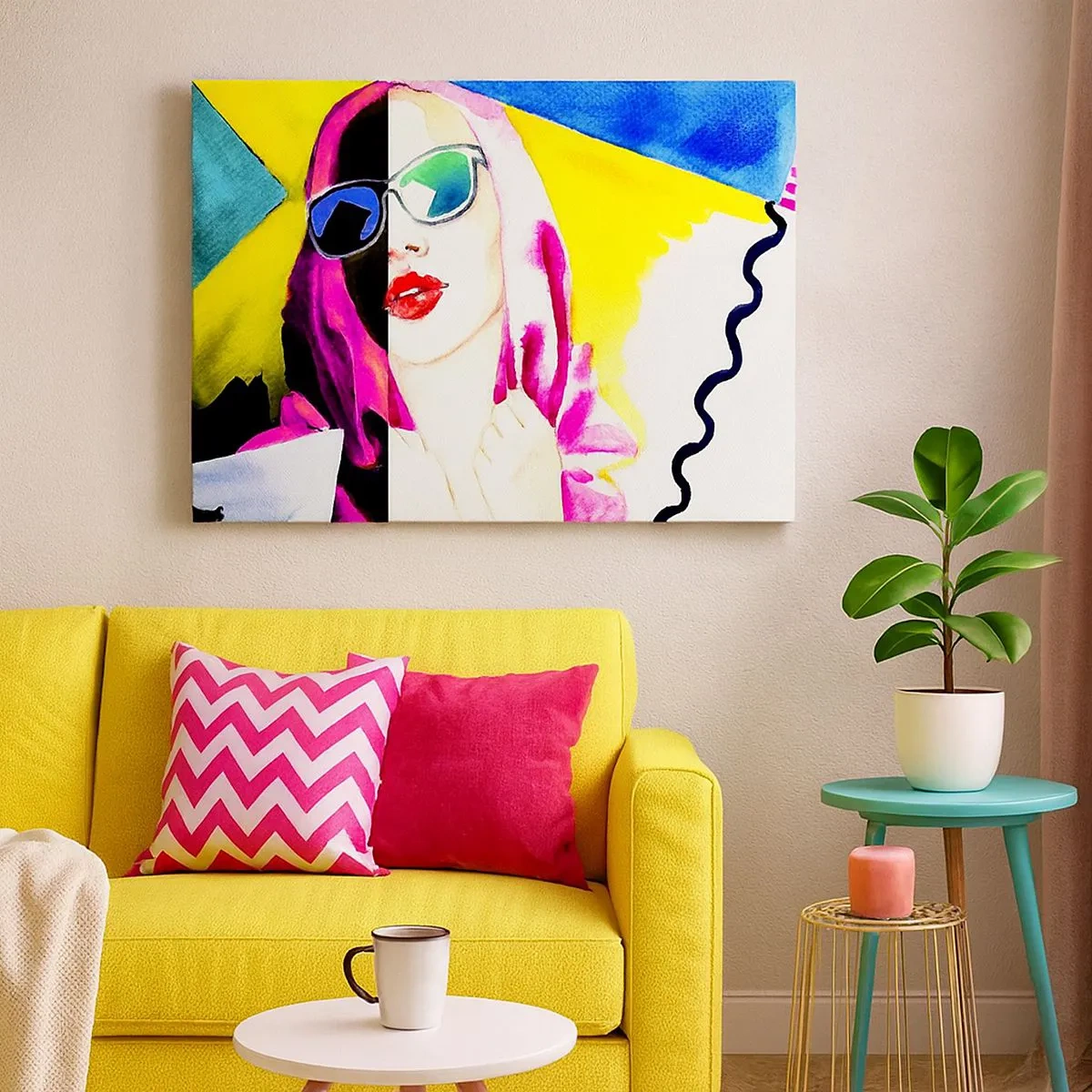 Obraz na płótnie - Kolorowy portret kobiety w okularach przeciwsłonecznych - 70x50cm - Nie jestem biała i nie jestem czarna - Nowoczesna dekoracja ścienna do salonu i sypialni ARTTOR