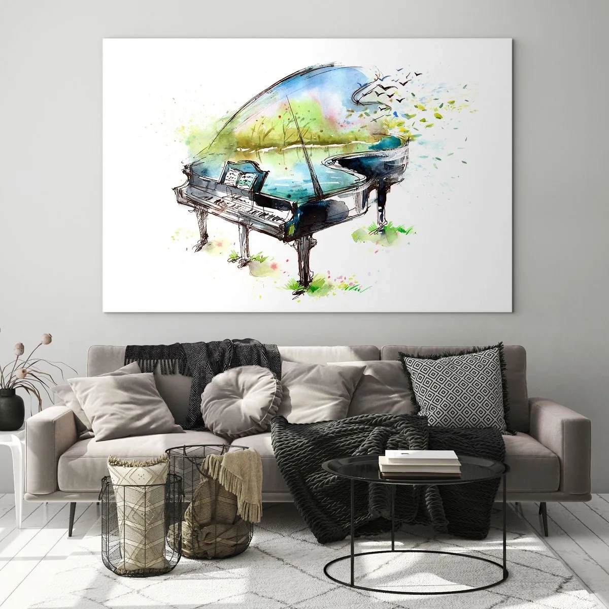 Obraz na szkle - Akwarela fortepianu w otoczeniu natury - 70x50cm - Zaklęte w muzyce - Nowoczesna dekoracja ścienna do salonu i sypialni ARTTOR