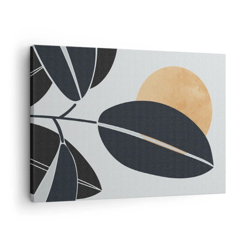Obraz na płótnie - Minimalistyczny motyw liści z jasnym słońcem w tle - 70x50cm - Dzień gorącego lata - Nowoczesna dekoracja ścienna do salonu i sypialni ARTTOR