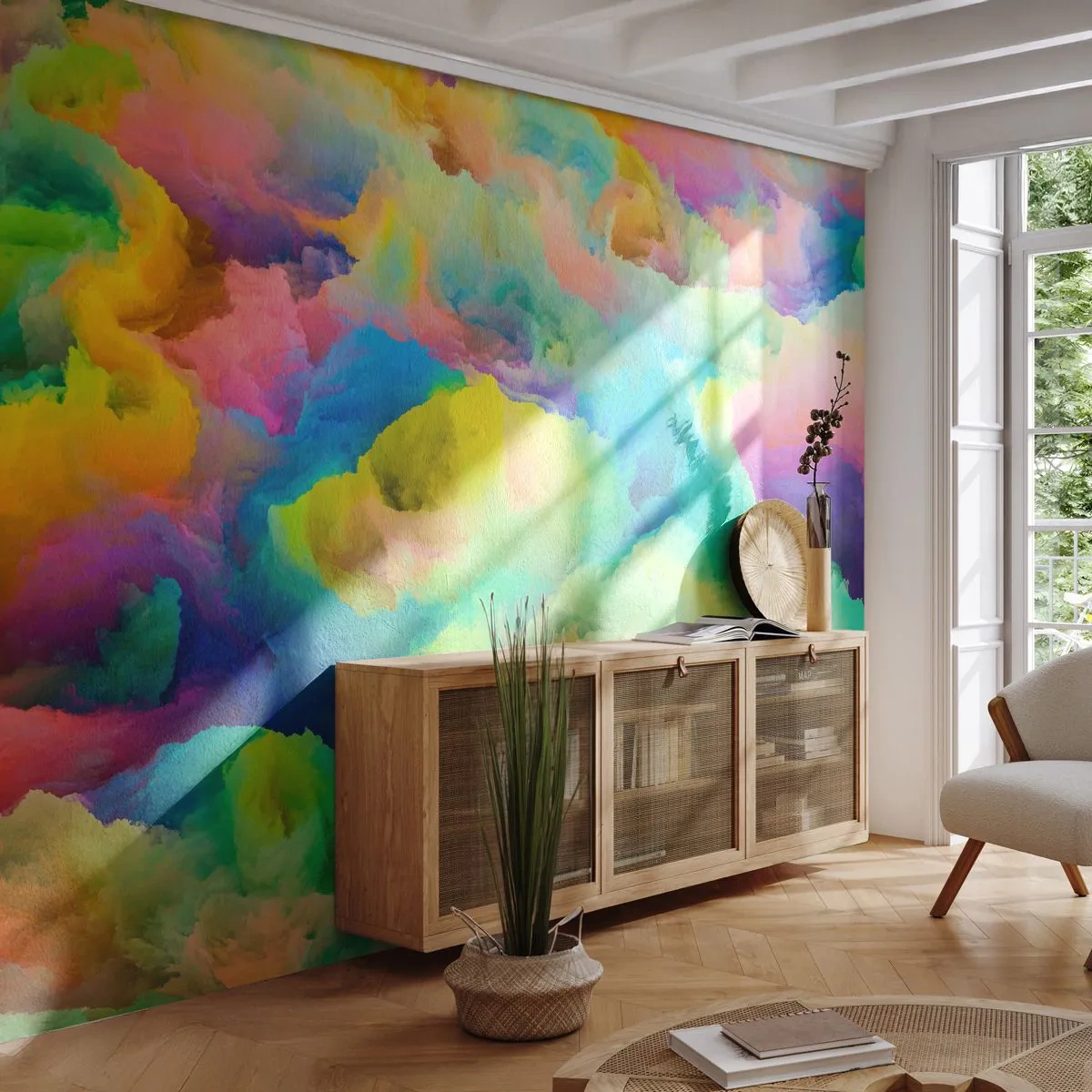 Fototapeta Premium Sand - Abstrakcyjna chmura barw w intensywnych kolorach - 100x70cm - Tęczowy puch - Nowoczesna dekoracja ścienna do salonu, kuchni i sypialni ARTTOR