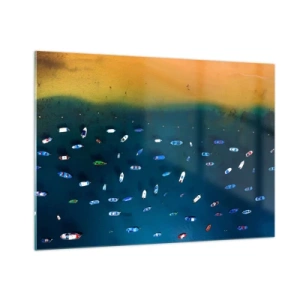 Obraz na szkle - Łodzie na tle turkusowej wody i złotego brzegu - 100x70cm - Wakacyjna gra - Nowoczesna dekoracja ścienna do salonu, kuchni i sypialni ARTTOR