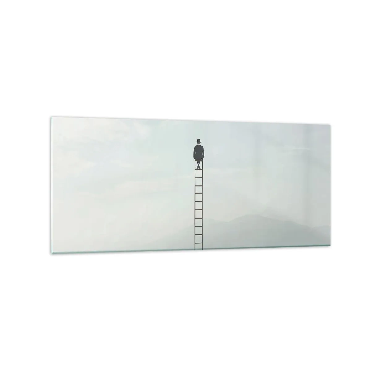 Obraz na szkle - Mężczyzna na drabinie wznoszącej się w niebo - 120x50cm - Wznieś się ponadto - Nowoczesna dekoracja ścienna do salonu i sypialni ARTTOR