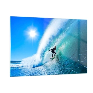 Obraz na szkle - Surfer na fali w słoneczny dzień - 120x80cm - Przez wielki błękit - Nowoczesna dekoracja ścienna do salonu, kuchni i sypialni ARTTOR