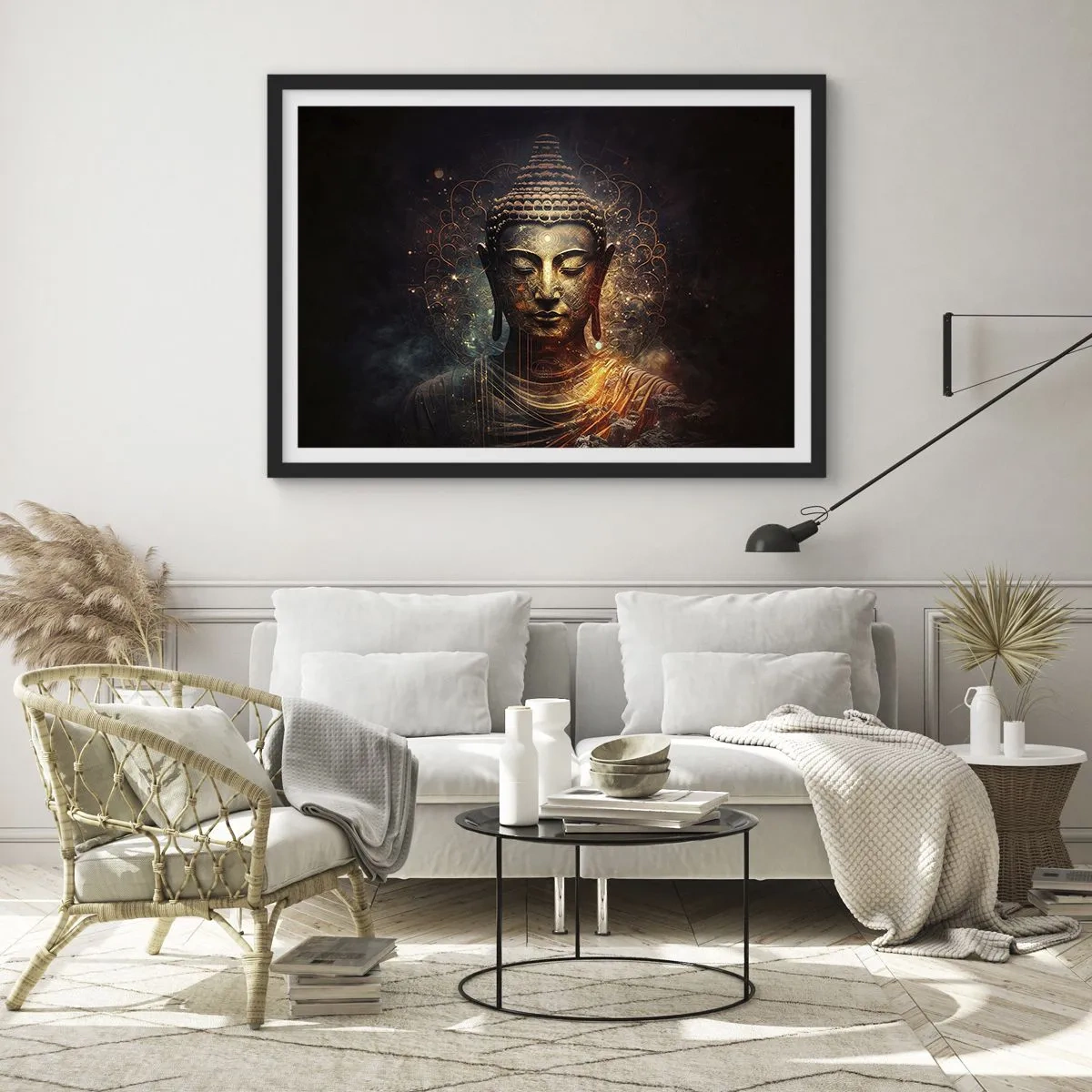 Plakat w czarnej ramie - Złoty Budda na ciemnym tle z ornamentami - 70x50cm - Duchowa równowaga - Nowoczesna dekoracja ścienna do salonu i sypialni ARTTOR
