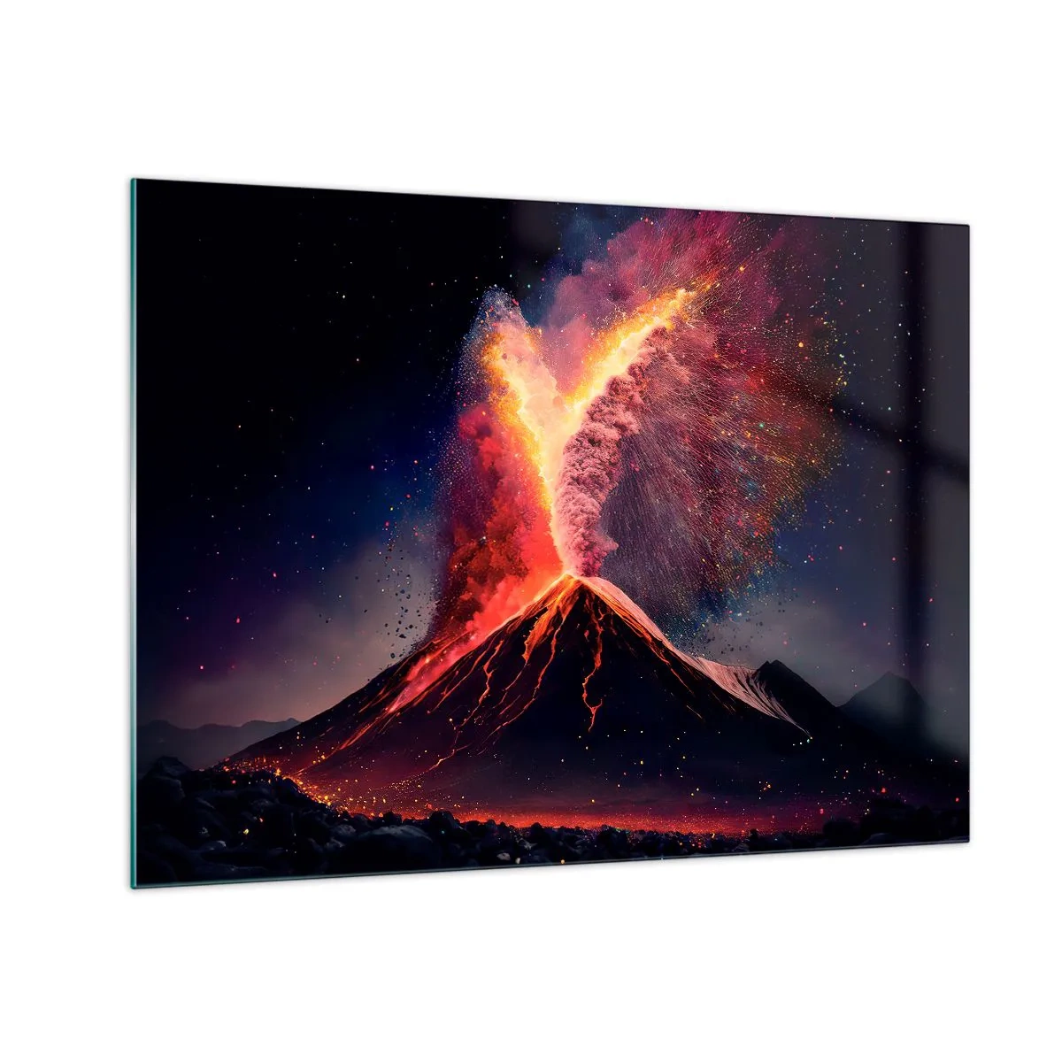 Obraz na szkle - Wybuchający wulkan z lawą i kolorowym obłokiem pyłu - 70x50cm - Piękno i groza - Nowoczesna dekoracja ścienna do salonu i sypialni ARTTOR
