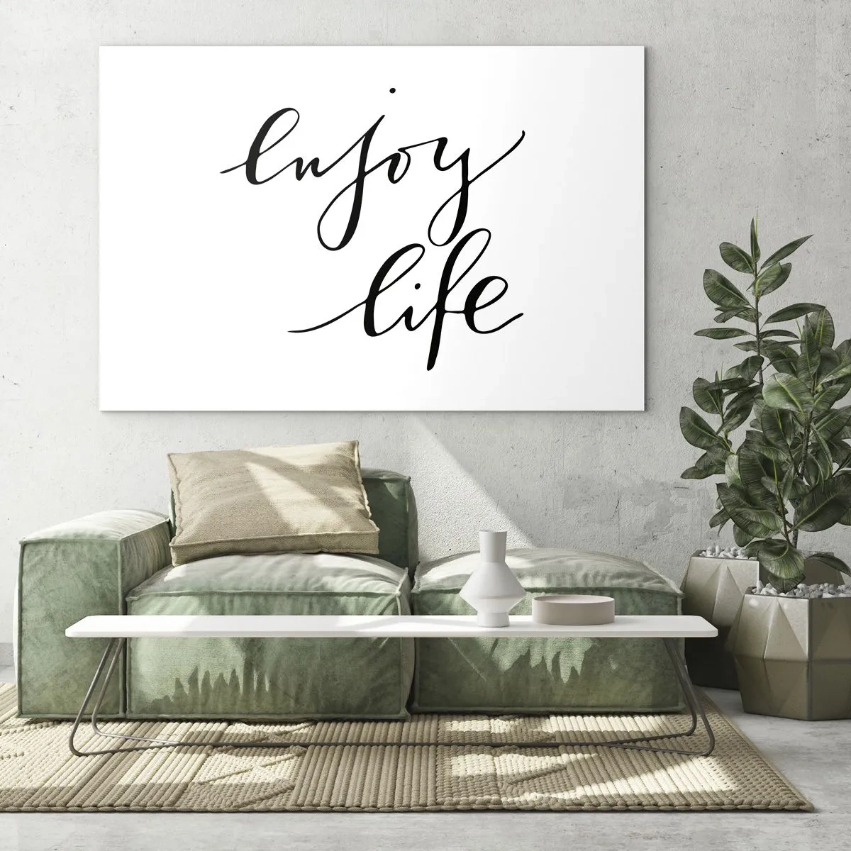 Obraz na szkle - Minimalistyczny napis 'Enjoy life' w czerni na białym tle - 120x80cm - Nic dodać… - Nowoczesna dekoracja ścienna do salonu, kuchni i sypialni ARTTOR
