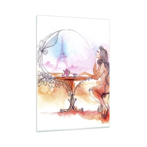Obraz na szkle - Kobieta przy stoliku z widokiem na Wieżę Eiffla w pastelowej tonacji - 50x70cm - Paryski szyk - Nowoczesna dekoracja ścienna do salonu, kuchni i sypialni ARTTOR