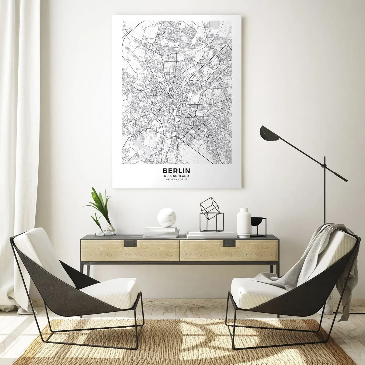 Obraz na szkle - Szczegółowa mapa miasta w odcieniach czerni i bieli - 70x100cm - Kwiat Berlina - Nowoczesna dekoracja ścienna do salonu i sypialni ARTTOR