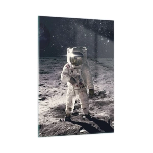 Obraz na szkle - Astronauta na powierzchni Księżyca z Ziemią w tle - 50x70cm - Pozdrowienia z Księżyca - Nowoczesna dekoracja ścienna do salonu, kuchni i sypialni ARTTOR