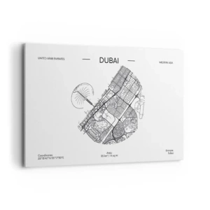 Obraz na płótnie - Minimalistyczna mapa Dubaju w czarno-białej kolorystyce z oznaczeniami lokalizacji - 120x80cm - Anatomia Dubaju - Nowoczesna dekoracja ścienna do salonu, kuchni i sypialni ARTTOR
