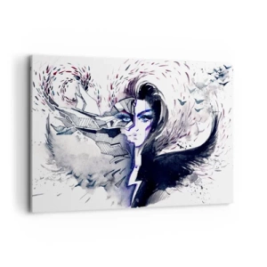 Obraz na płótnie - Abstrakcyjna twarz z kontrastowymi elementami i motywem skrzydeł - 120x80cm - Demoniczna i piękna - Nowoczesna dekoracja ścienna do salonu, kuchni i sypialni ARTTOR