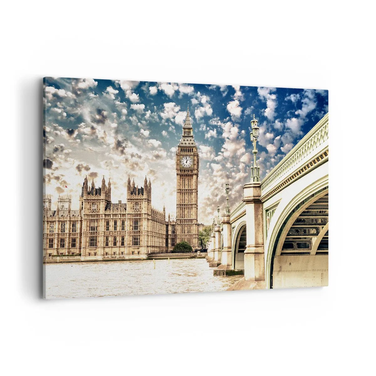 Obraz na płótnie - Big Ben i Westminster Bridge oświetlone słońcem w Londynie - 100x70cm - Pierzaste obłoki nad  Tamizą - Nowoczesna dekoracja ścienna do salonu, kuchni i sypialni ARTTOR