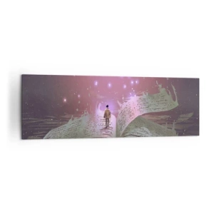 Obraz na płótnie - Postać wchodząca na otwartą książkę w magicznym świetle - 160x50cm - Zaproszenie do innego świata - przeczytaj! - Nowoczesna dekoracja ścienna do salonu i sypialni ARTTOR