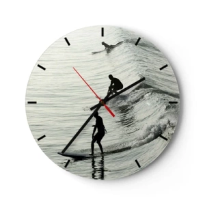 Zegar ścienny - Surferzy łapiący fale o poranku na spokojnym morzu - 30x30cm - Na spotkanie fali - Nowoczesna dekoracja ścienna do salonu, kuchni i sypialni ARTTOR