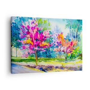 Obraz na płótnie - Kolorowe drzewa w parku w stylu akwarelowym - 70x50cm - Tęczowy ogród w wiosennym blasku - Nowoczesna dekoracja ścienna do salonu i sypialni ARTTOR