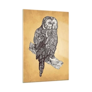 Obraz na szkle - Sowa w ornamentowym stylu na tle w kolorze sepii - 50x70cm - Misterne ornamenty mądrości - Nowoczesna dekoracja ścienna do salonu, kuchni i sypialni ARTTOR