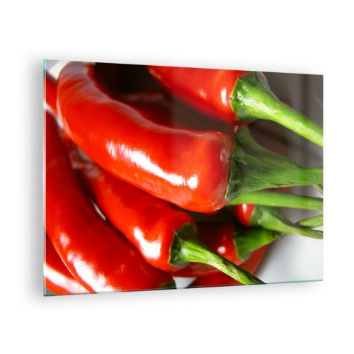 Obraz na szkle - Czerwone papryczki chili z zielonymi szypułkami - 70x50cm - Soczyste, błyszczące, gładkie - Nowoczesna dekoracja ścienna do salonu i sypialni ARTTOR