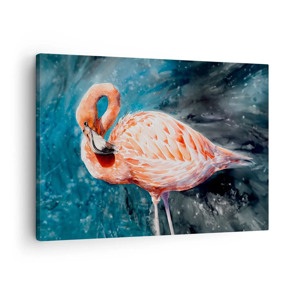 Obraz na płótnie - Różowy flaming na tle akwarelowego błękitu - 70x50cm - Dekoracyjny z natury - Nowoczesna dekoracja ścienna do salonu i sypialni ARTTOR