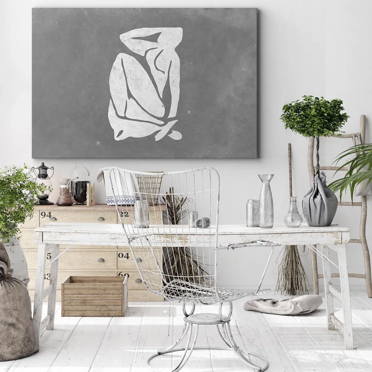 Obraz na płótnie - Minimalistyczny rysunek sylwetki na szarym tle - 70x50cm - W zamyśleniu - Nowoczesna dekoracja ścienna do salonu i sypialni ARTTOR