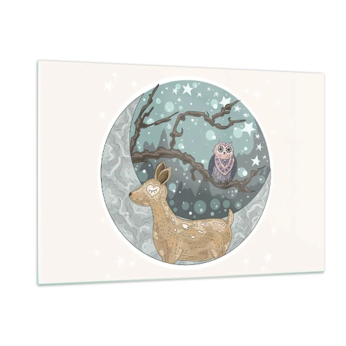 Obraz na szkle - Ilustracja sarny i sowy w magicznej scenerii - 120x80cm - Bajkowa, leśna noc - Nowoczesna dekoracja ścienna do salonu, kuchni i sypialni ARTTOR