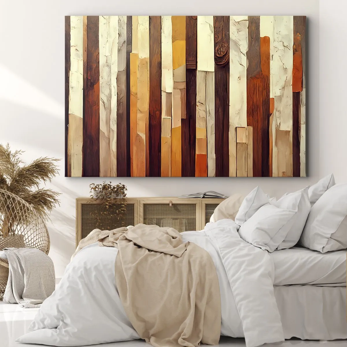 Obraz na płótnie - Geometryczna kompozycja w odcieniach drewna i złota - 70x50cm - Hymn leśnych drzew - Nowoczesna dekoracja ścienna do salonu i sypialni ARTTOR