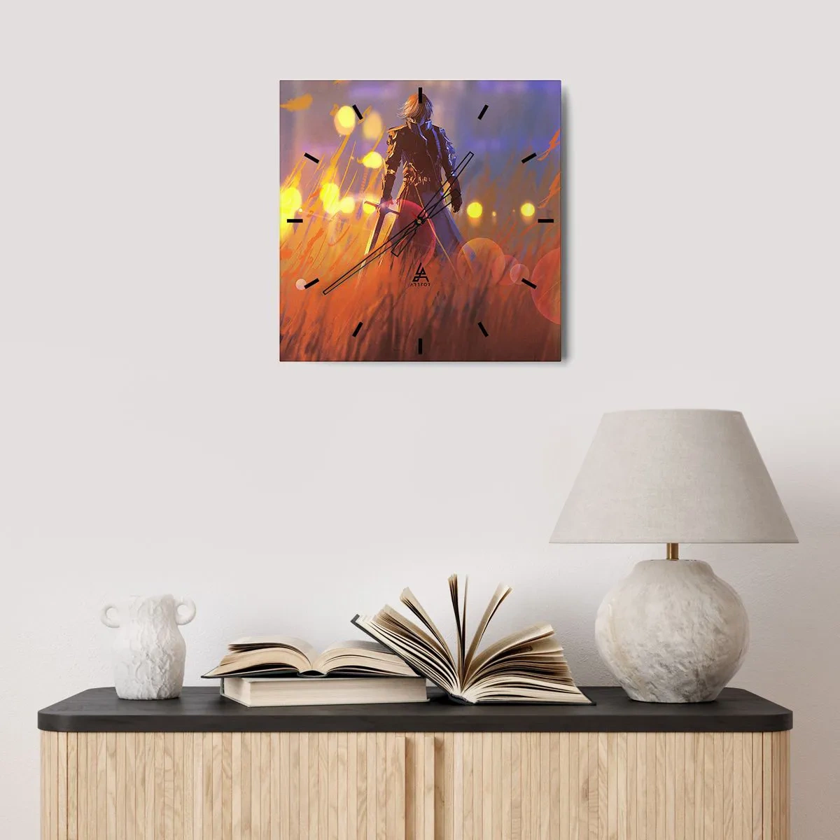 Zegar ścienny - Postać rycerza w świetle zachodzącego słońca w polu - 30x30cm - Błędny rycerz - Nowoczesna dekoracja ścienna do salonu i sypialni ARTTOR