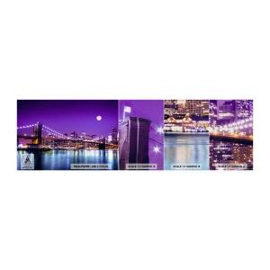 Fototapeta Próbka Premium Canvas - Światła wielkiego miasta we fiolecie - Miasto, Nowy Jork, Most Brooklin Bridge - 100x30 cm