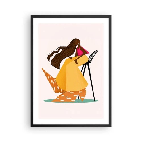 Plakat w czarnej ramie - Stylizowana kobieca postać w ciepłych barwach na abstrakcyjnym tle - 50x70cm - Moda to też zabawa - Nowoczesna dekoracja ścienna do salonu i sypialni ARTTOR