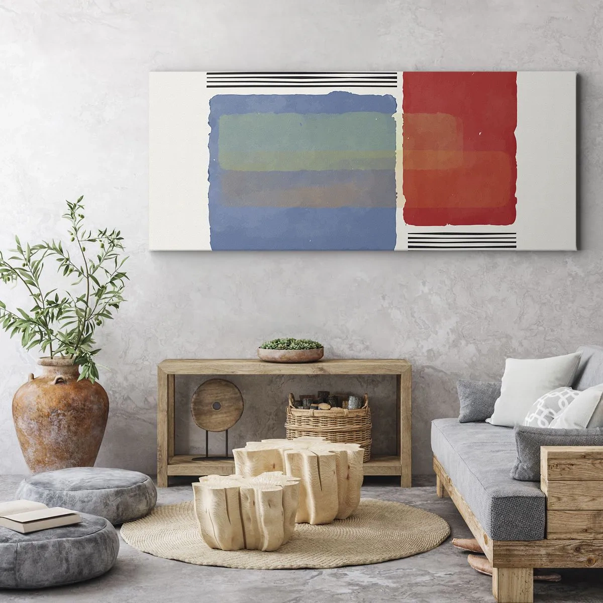 Obraz na płótnie - Geometryczna kompozycja z kolorowymi blokami i liniami - 160x50cm - Duch i litera geometrii - Nowoczesna dekoracja ścienna do salonu i sypialni ARTTOR