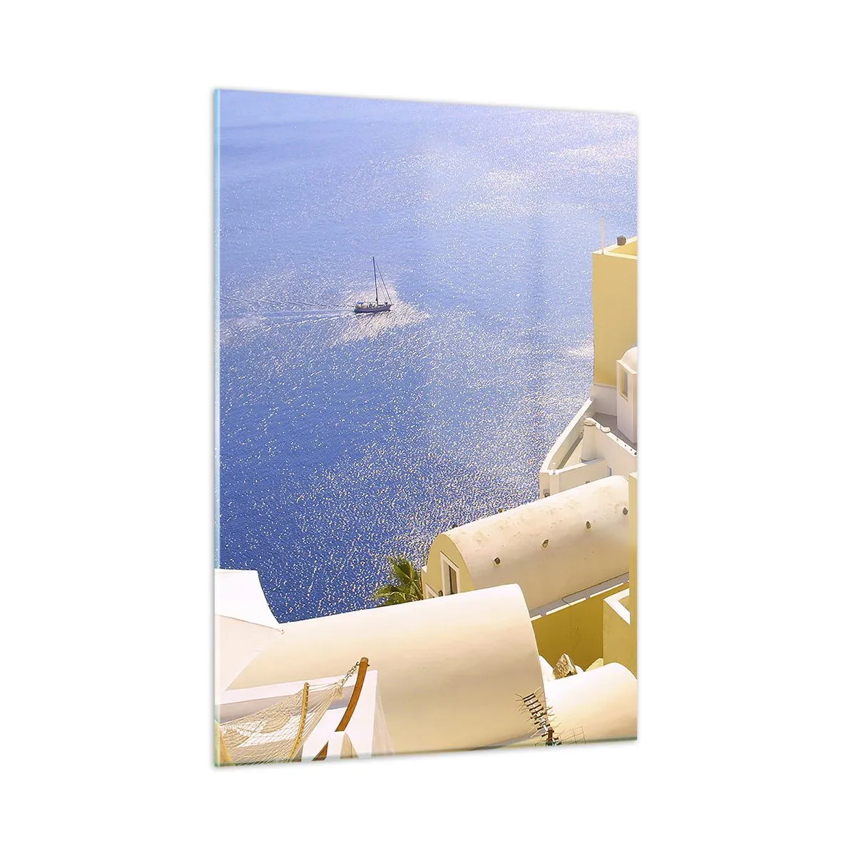 Obraz na szkle - Widok na Santorini z błękitnym morzem i białymi budynkami - 50x70cm - Grecki pejzaż w bieli i błękicie - Nowoczesna dekoracja ścienna do salonu, kuchni i sypialni ARTTOR