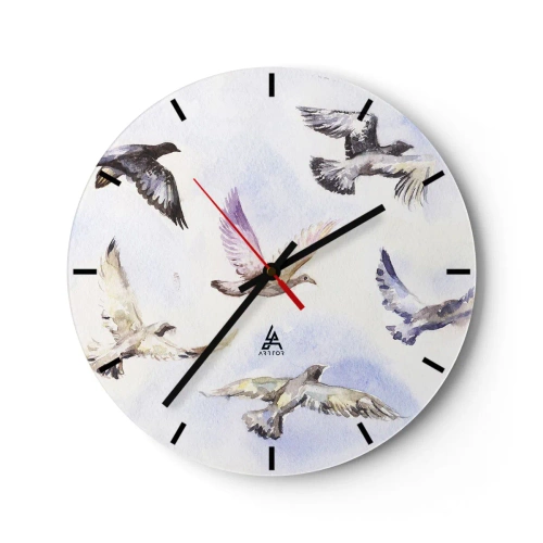 Zegar ścienny - Stado ptaków w locie na tle delikatnych błękitnych odcieni - 30x30cm - Wolność w szarości i błękicie - Nowoczesna dekoracja ścienna do salonu, kuchni i sypialni ARTTOR