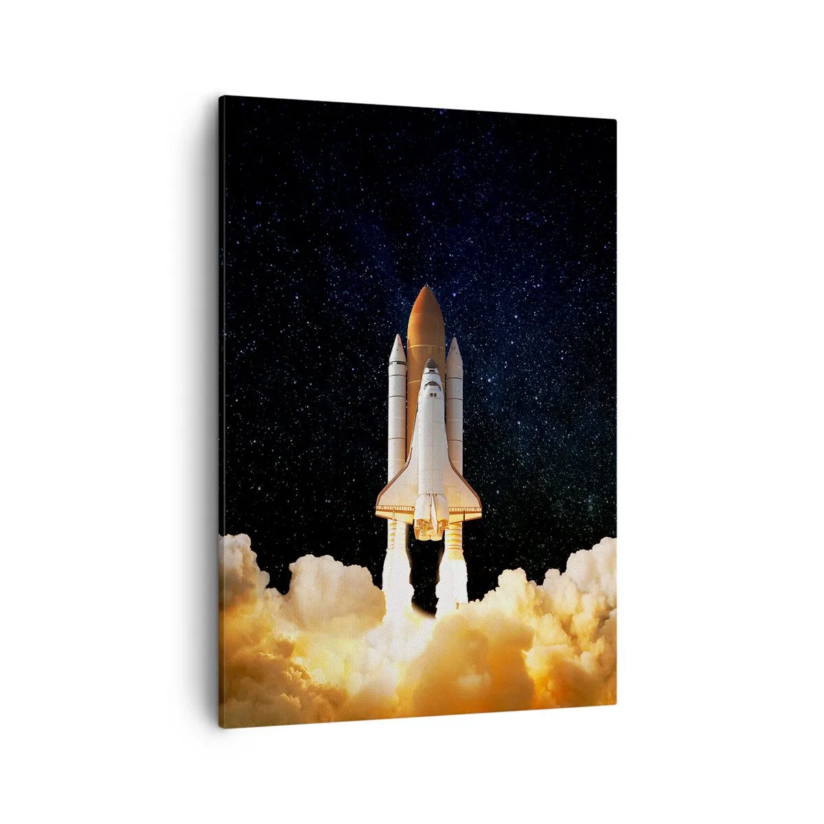 Obraz na płótnie - Startujący prom kosmiczny na tle gwiaździstego nieba i chmur dymu - 50x70cm - Ad astra! - Nowoczesna dekoracja ścienna do salonu, kuchni i sypialni ARTTOR